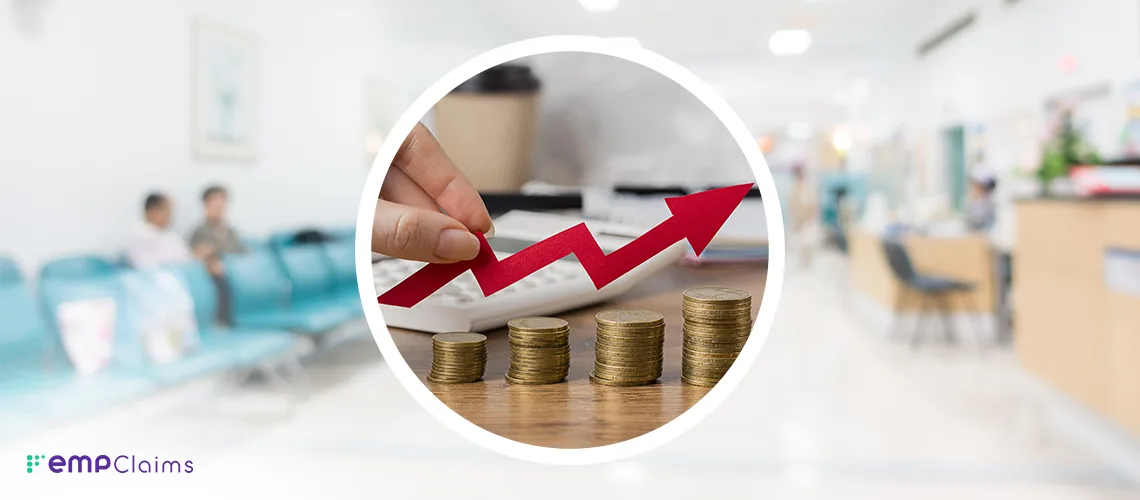 A rising red arrow over stacks of coins, inset over a busy clinic waiting room