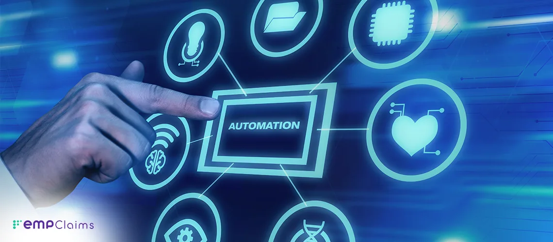A hand touching an automation node in a network of connected healthcare icons