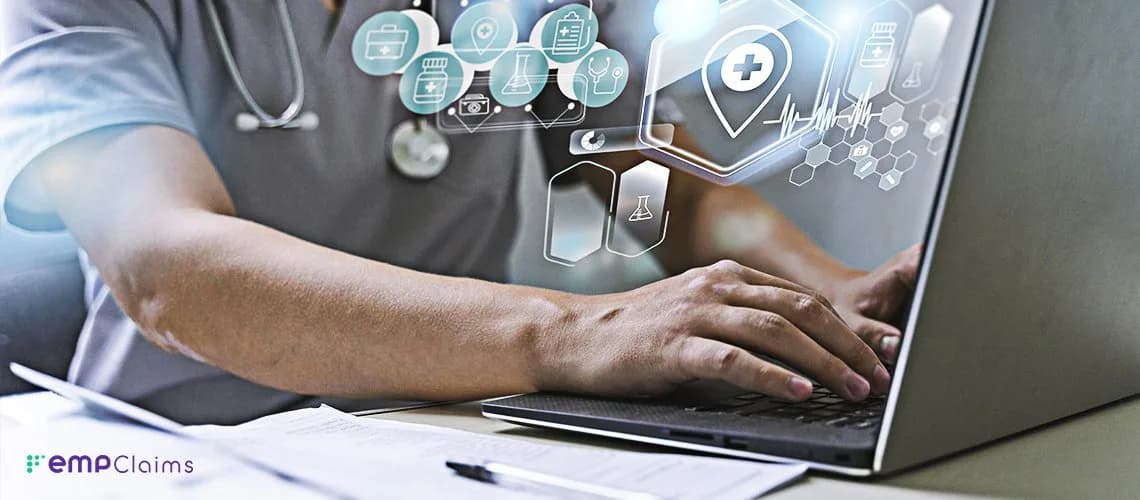 Hands on a laptop keyboard surrounded by floating medical record icons