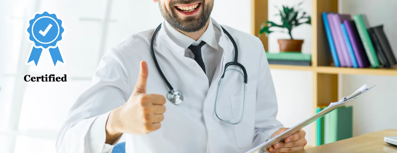 A smiling clinician giving a thumbs up beside a "Certified" badge
